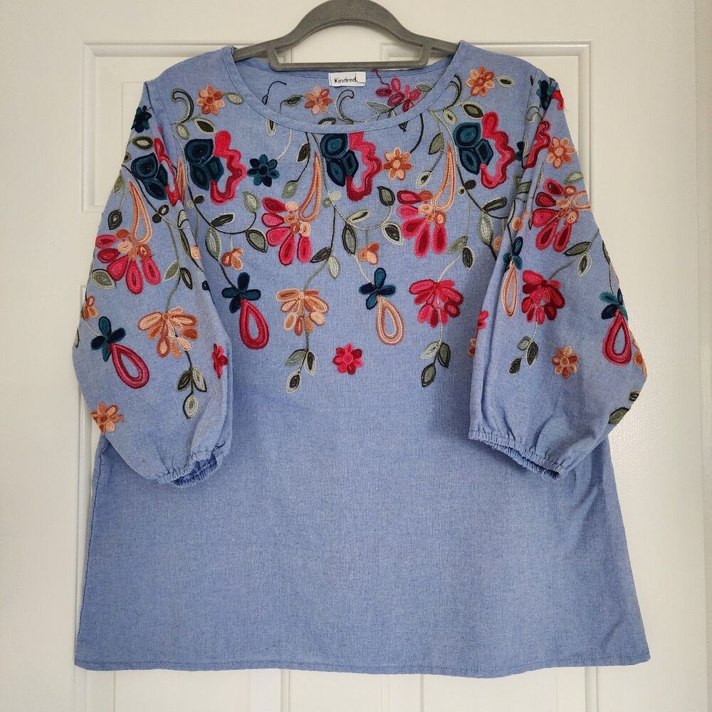 Kindred Anthropologie 3/4 Sleeve Floral Embroidered Chambray Blouse Sz S Boho